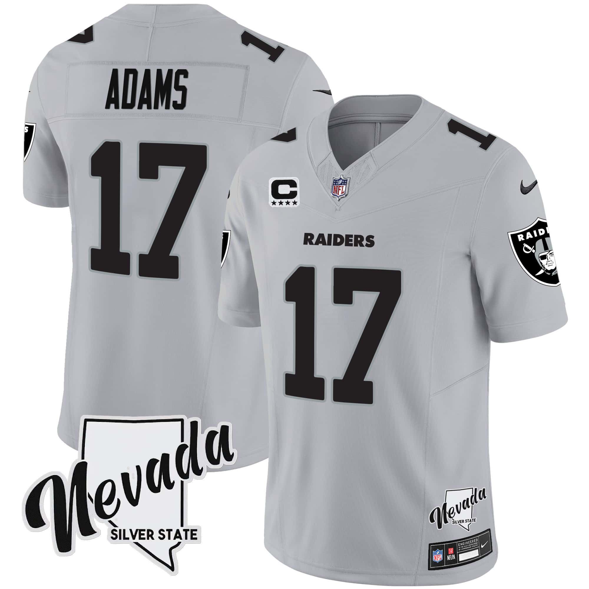 Men Oakland Raiders 17 Adams Grey 2024 Nike Nevada Silver State Patch Vapor NFL Jersey